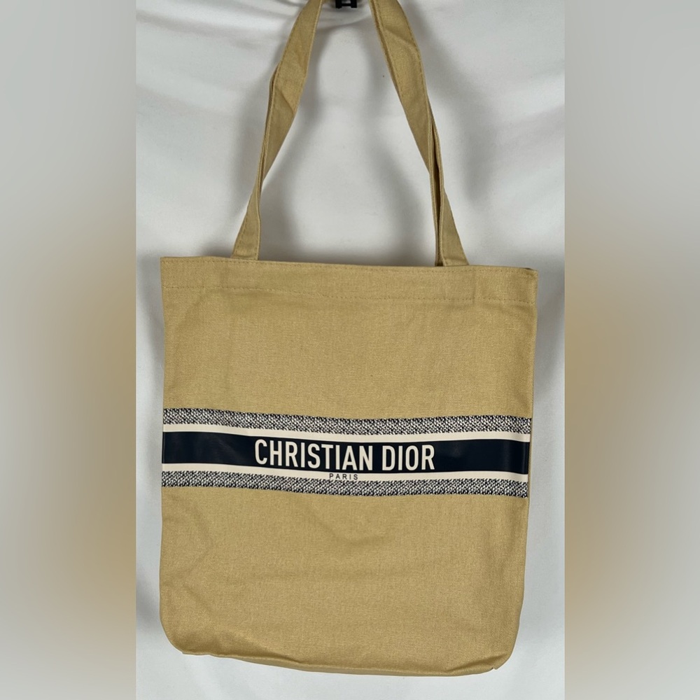 Christian Dior Paris Yellow with Black & White Band  Cotton / Linen Tote COA